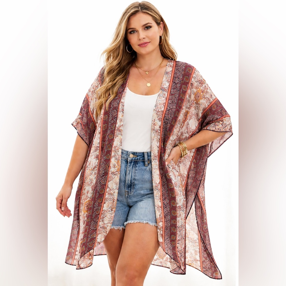 Liberty Love Boho Floral Kimono Cardigan 1XL Open Front Duster Festival Layer
